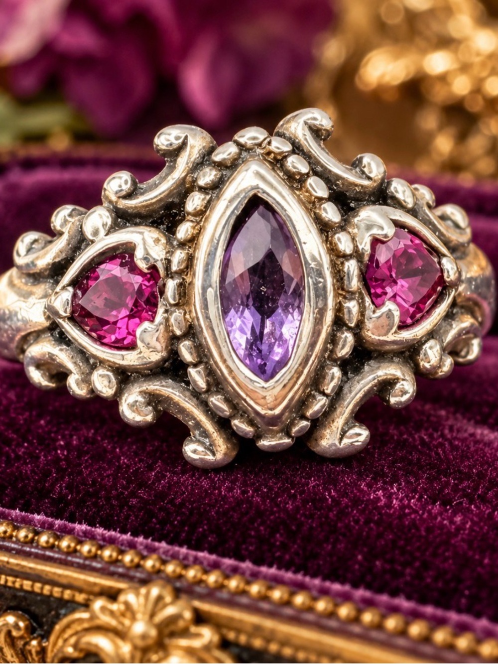 Sterling Silver Amethyst and Garnet Gemstone Statement Ring